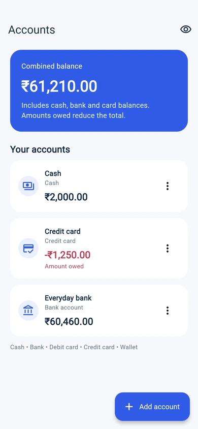 Account management for cash, bank and card balances in light mode