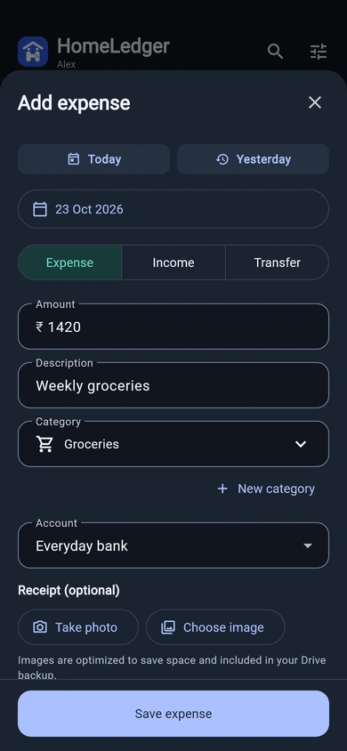Adding a grocery expense with description, category, account and receipt options