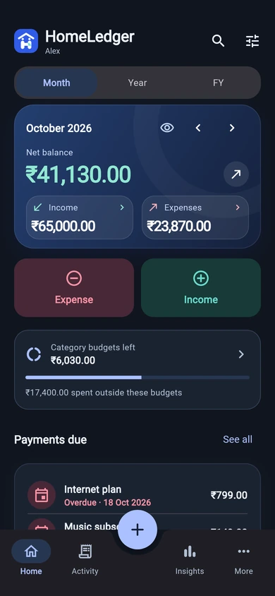 HomeLedger home with income, expenses and net balance